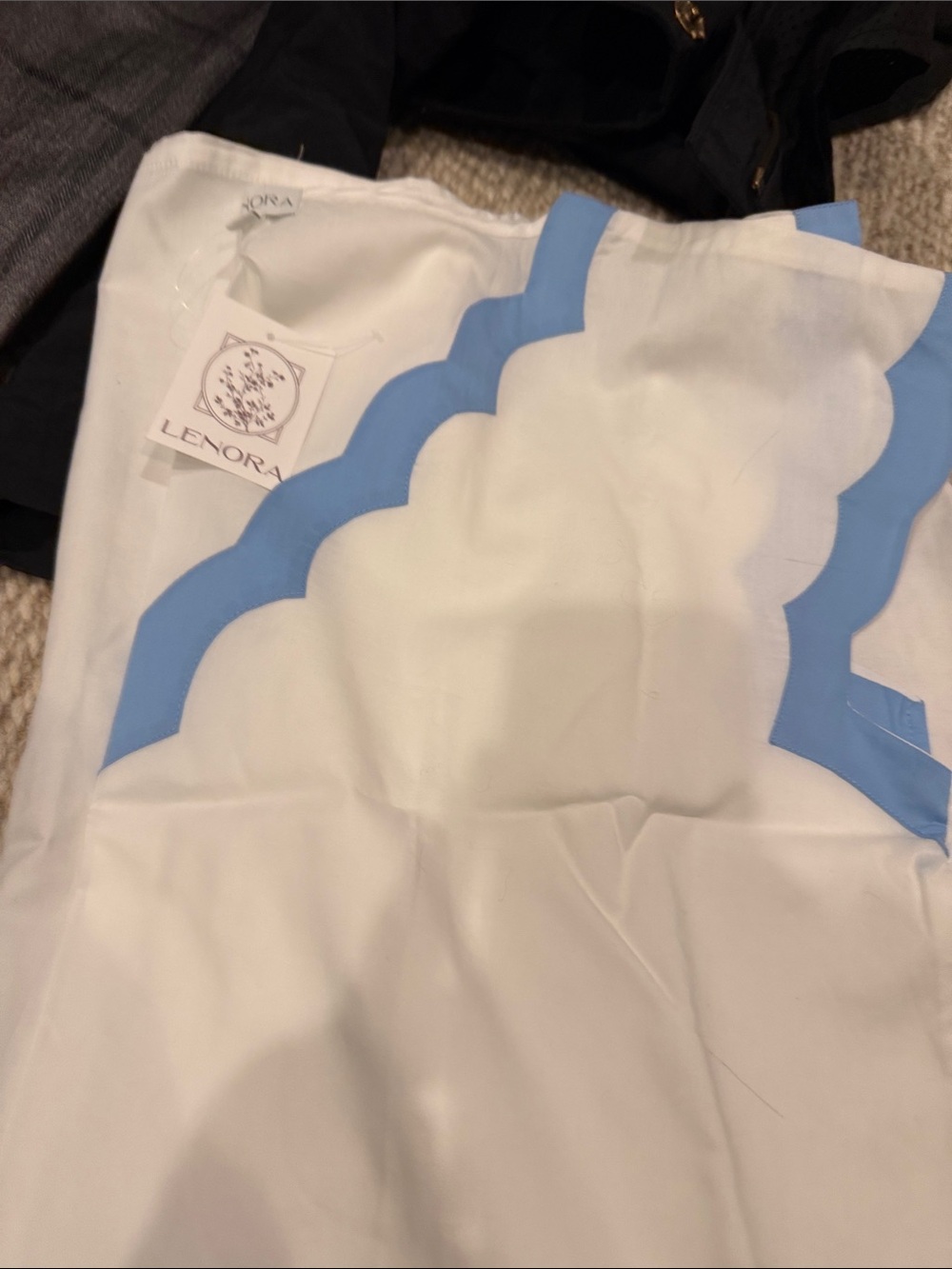 Helena White Pajama Top with Sky Blue Scalloped Trim